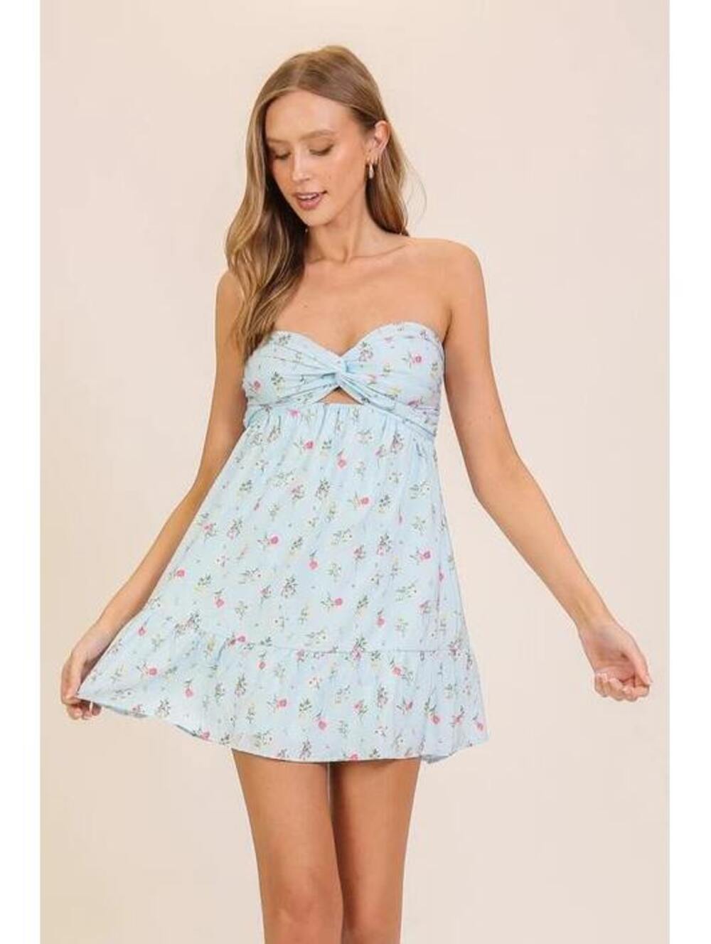 TIMING Light Blue Floral Strapless Mini Dress with Cutout Detail, Size Small